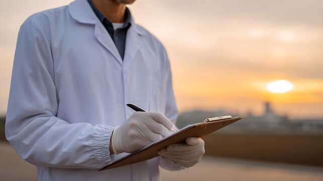 A scientist in a white lab coat and gloves records data on a clipboard at sunset - Powered by Adobe