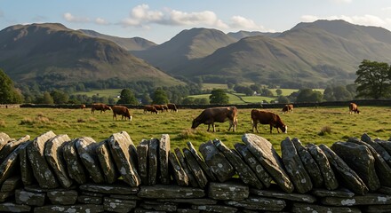 Cows Grazing in Lush Green Pasture with Stone Wall and Mountain Backdrop.
