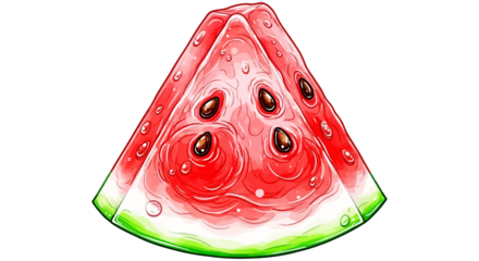 Juicy watermelon slice with seeds and water droplets, refreshing summer fruit illustration