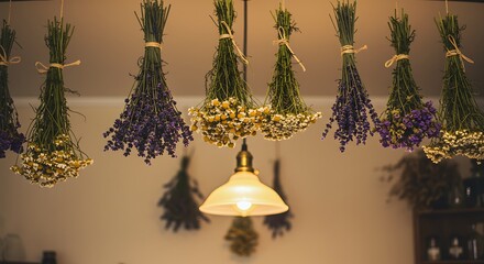 Cozy Rustic Scene - Dried Lavender  Herb Bundles Hanging, Illuminated by Warm Pendant Light.