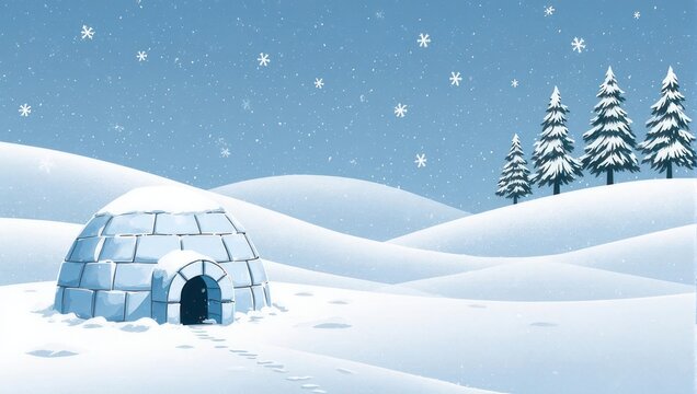 A snowy landscape with an igloo, rolling hills, pine trees, and falling snowflakes