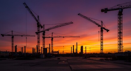 Cranes Silhouetted Against a Fiery Sunset Sky at Construction Site.