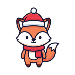 Cute Cartoon Fox in Christmas Hat and Scarf Illustration