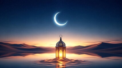 Glowing Ramadan lantern on water with crescent moon and desert dunes islamic