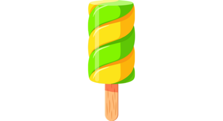 Vibrant swirled popsicle with green and yellow flavors on a wooden stick
