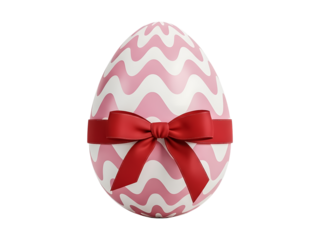 Pink and white easter egg with red bow isolated on transparent background