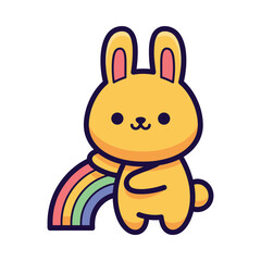 Cute Cartoon Bunny with Rainbow - Vector Illustration