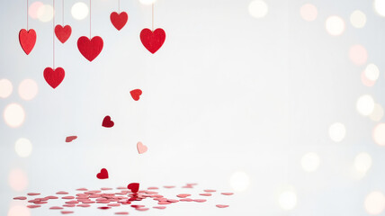 Red paper hearts falling on white background with bokeh lights  