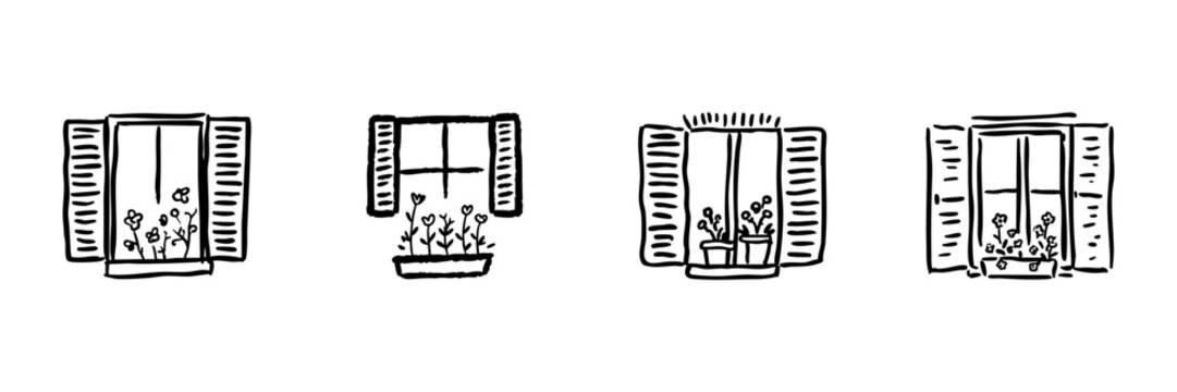 Window With Flower Pots Line Icon Set In Doodle Style. Home Decor, Gardening, And Nature Connection Outline Sketch Collection. Hand Drawn Isolated Vector Illustration