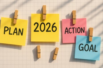 Planning goal and budget for 2026 written on colorful sticky notes clipped on grid background inspiring action and success