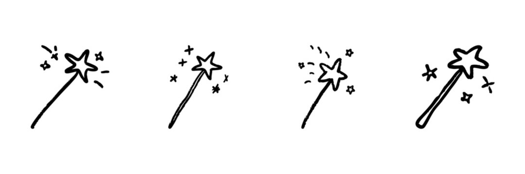 Magic Wand Line Icon Set In Doodle Style. Enchantment, Fantasy, And Magical Transformation Outline Sketch Collection. Hand Drawn Isolated Vector Illustration