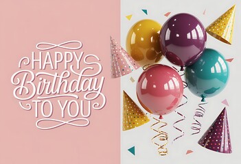 Colorful balloons and party hats for birthday celebration on pink background