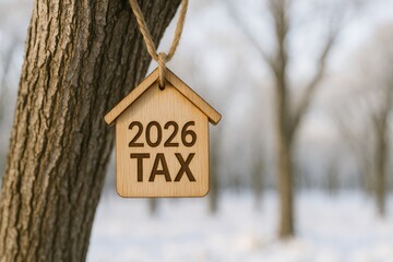 Wooden house tag with 2026 tax text hanging on tree symbolizing budget planning and goal setting for 2026 financial year with winter background