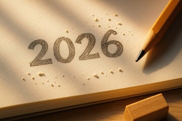 2026 year written on paper with pencil shavings nearby symbolizing goal setting and budget planning for future success