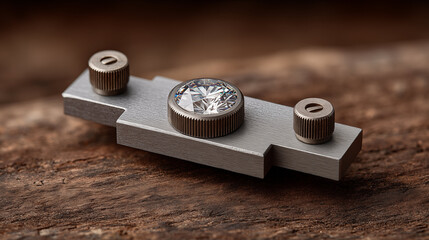 Diamond gemstone on metal base with mechanical components, luxury jewelry and precision craftsmanship concept for industrial design