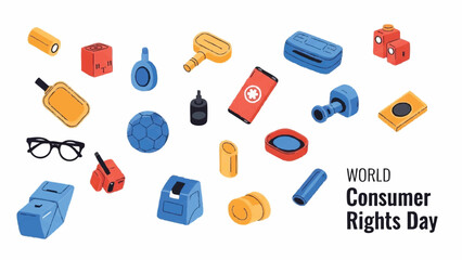 Collection of consumer goods and items representing consumer rights.