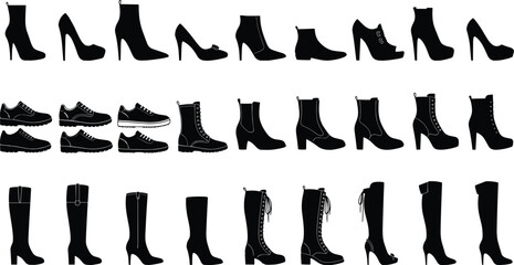 Women footwear silhouette collection, high heels boots sneakers shoes set, fashion illustration isolated on white background vector design