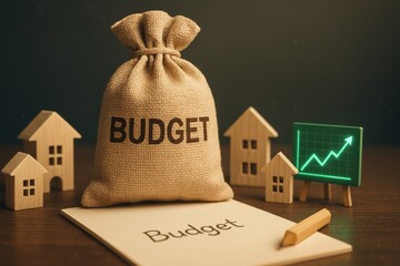 Budget planning goal 2026 concept with money bag wooden house and growth chart for financial success and investment strategy