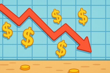 Budget planning goal for 2026 shows downward trend with falling dollar signs and coins symbolizing financial challenges and loss