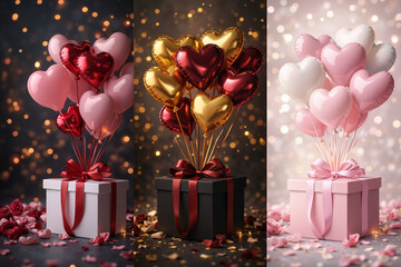 Heart-shaped balloons in colorful gift boxes with bokeh background  
