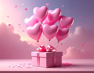 Pink heart balloons floating over a gift box