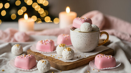 Pink and white desserts with candles on a festive table setting  