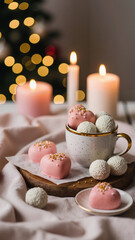 Assorted sweet treats in a cup with candles and holiday background  
