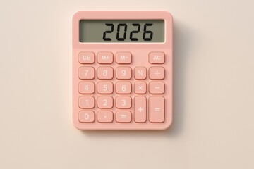 Calculator budget planning goal 2026 concept with pink calculator on beige background for financial success