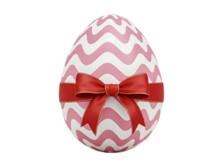 Pink and white chevron easter egg with red bow isolated on transparent background