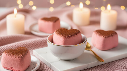 Heart-shaped pink marshmallows with candles on a soft pink background  
