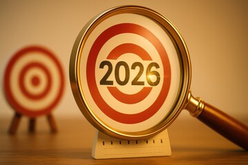 Budget planning and goal setting for 2026 concept with magnifying glass focusing on target board symbolizing success and achievement