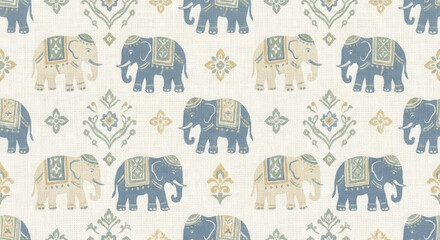 Seamless block print pattern with blue and cream elephants and ornamental floral motifs on a fabric texture