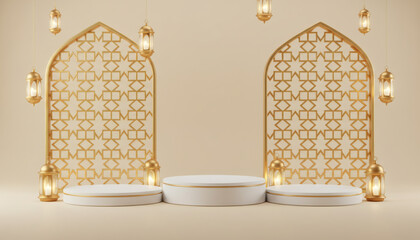 Luxury 3D Ramadan Kareem podium with golden crescent, lanterns, and elegant Islamic patterns.