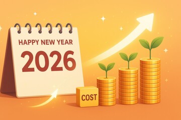 Happy new year 2026 budget planning with goal to reduce cost and increase financial growth shown by coins and plant growth