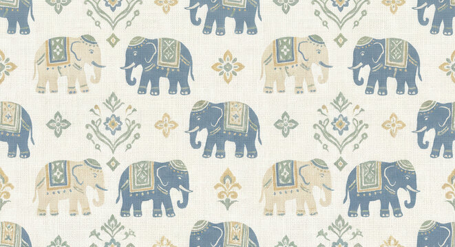 Seamless block print pattern with blue and cream elephants and ornamental floral motifs on a fabric texture