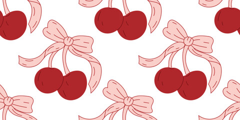 Seamless pattern with red cherries and decorative bows. Romantic repeating background for Valentine&rsquo;s Day, wrapping paper, textile, wallpaper, fashion, stationery. Flat vector illustration.