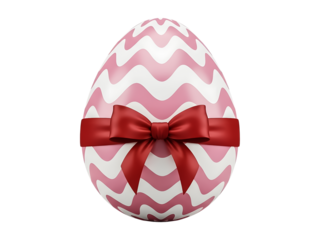 Pink and white easter egg with red bow isolated on transparent background