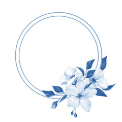 Hand drawn Blue Leaves and White Flowers Round Frame