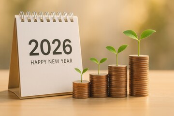 Budget planning and goal setting for 2026 shown by growing plant on stacked coins with calendar and warm background light