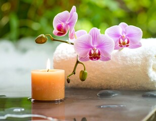 Pink orchid branch, lit candle, and rolled towel with spa stones