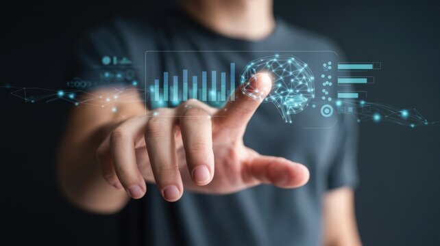 Human hand interacts with futuristic digital interface displaying ai brain and data analytics - Powered by Adobe