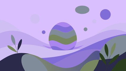 Abstract egg-shaped design with wavy patterns in purple and green tones on a surreal landscape background