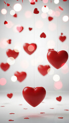 Red hearts hanging in a festive arrangement on a soft background  
