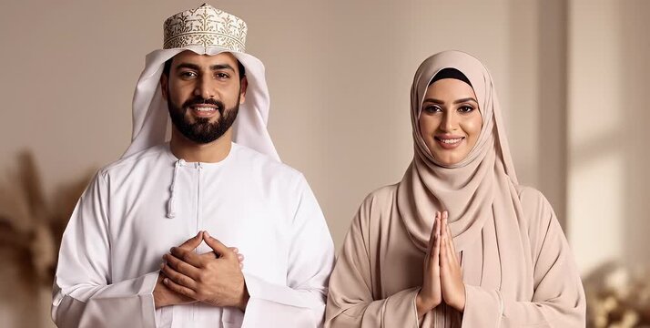 A smiling Arab couple in traditional attire, man in thobe and ghutra, woman in hijab, making a welcoming gesture.