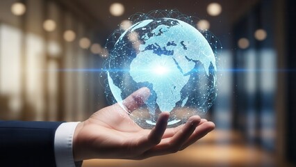 Closeup Businessman Hand holding virtual globe with network lines, representing international business expansion, globalization, and cross-border connectivity