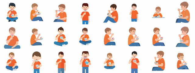 Fototapeta premium Set of vector illustrations depicting young boys happily eating colorful scoops of ice cream from bowls, demonstrating various actions and poses.