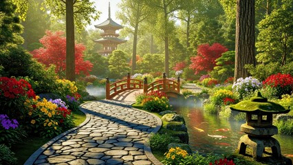 Obraz premium Beautiful Japanese Garden With Pagoda Stone Bridge and Koi Pond Landscape.jpg