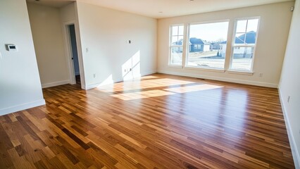 Fototapeta premium Bright Empty Room With Hardwood Floors and Large Windows View of Suburban Homes.jpg