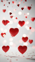 Hanging red hearts with soft bokeh lights on white background  