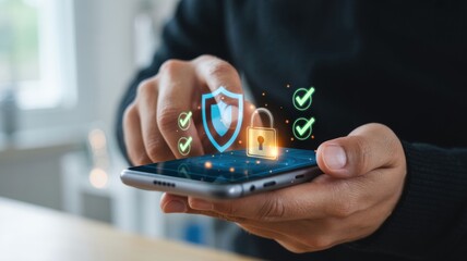 Ensuring digital security: a person holding a smartphone with glowing shield and padlock icons